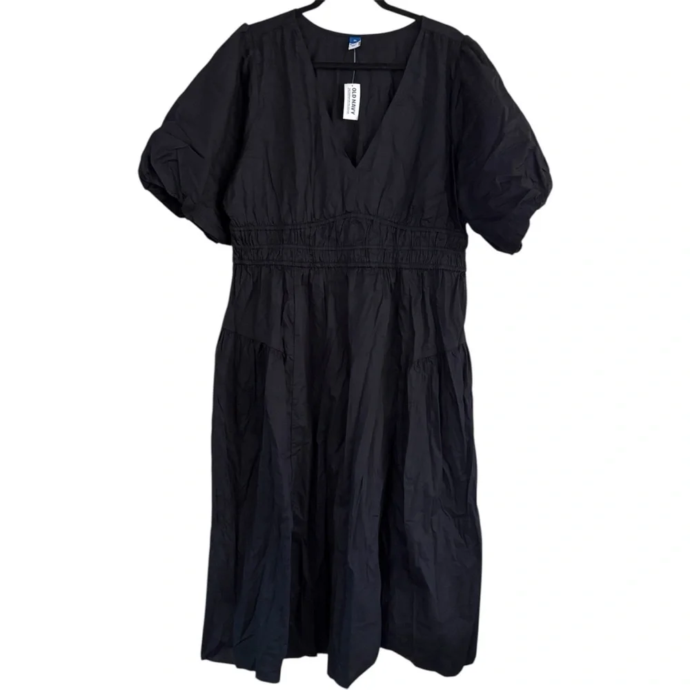 Old‎ Navy Waist Defined Puff Sleeve Midi Dress Black New Sz XL - Picture 3 of 11